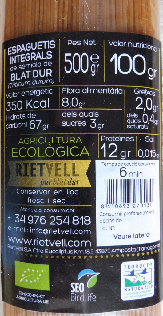 ESPAGUETIS INTEGRALS 500GR RIET VELL