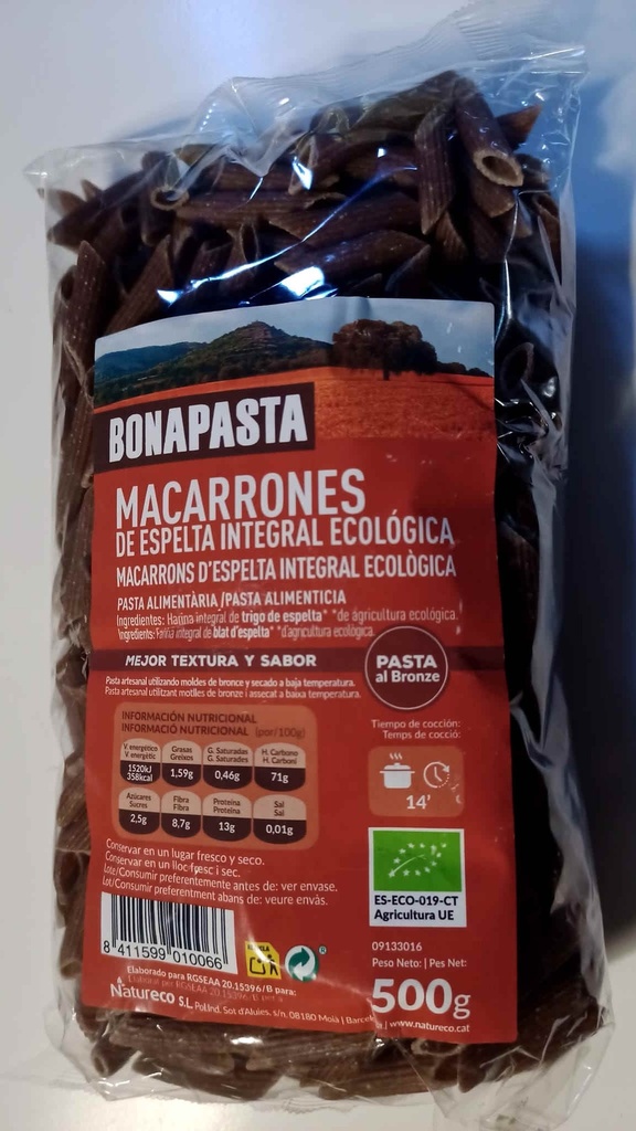 MACARRONS INTEGRALS ESPELTA 500gr BONAPASTA