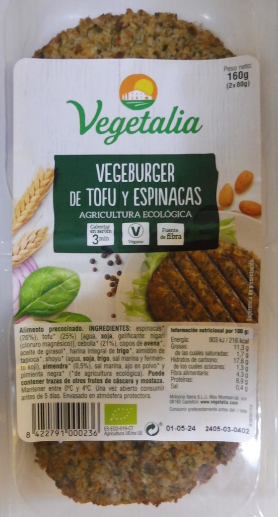 VEGEBURGUER TOFU I ESPINACS 160GR VEGETALIA