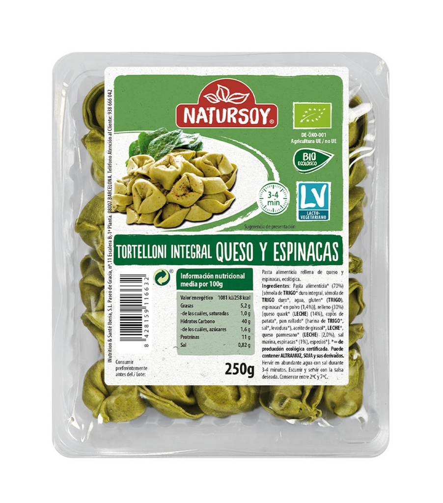 TORTELLONI FORMATGE I ESPINACS NATURSOY