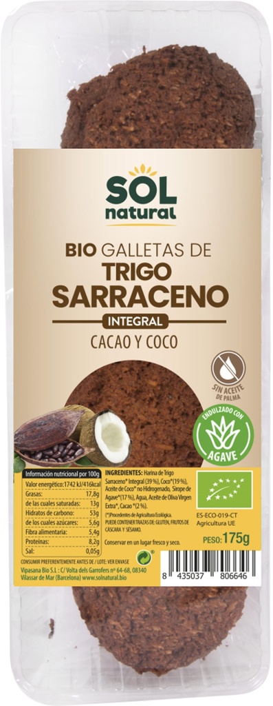GALETES BLAT SARRAI CACAU I COCO 175gr SOL NATURAL