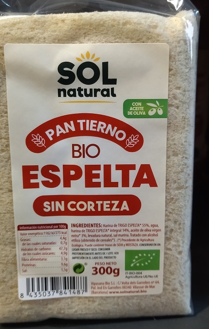 PA TENDRE ESPELTA SENSE CROSTA BIO 300gR SOL NATURAL