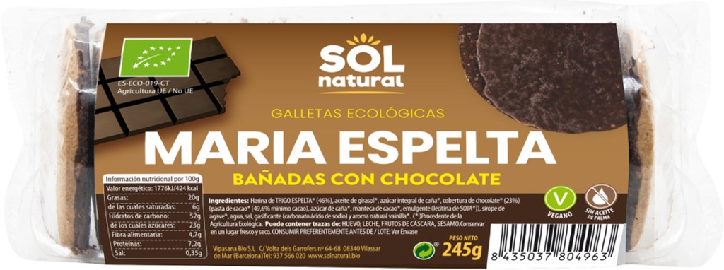 GALETES ESPELTA AMB BANY DE XOCOLATA 245gr SOL NATURAL